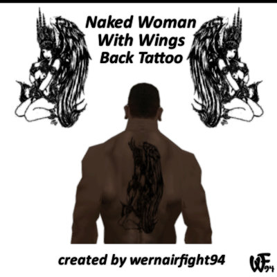 Naked Woman With Wings Back Tattoo